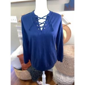 (S) Olive+Oak Lace Up Sweatshirt Navy Blue Longsleeve Cozy Sweater